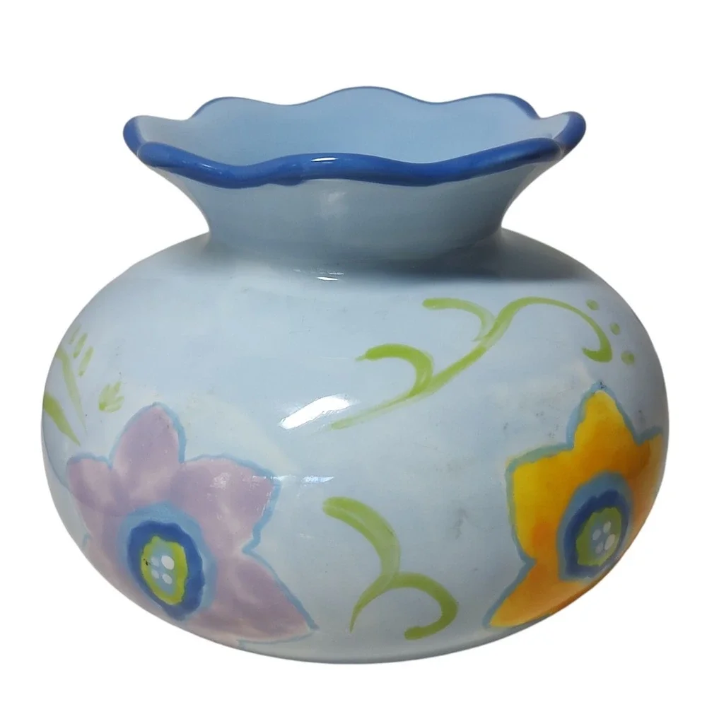 Vintage Kimberly Hodges Hallmark Vase Hand Painted Blue Floral Scalloped‎ Edge